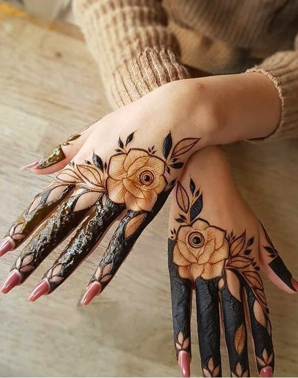 Flowers with motif leaves and curves finger mehendi designs